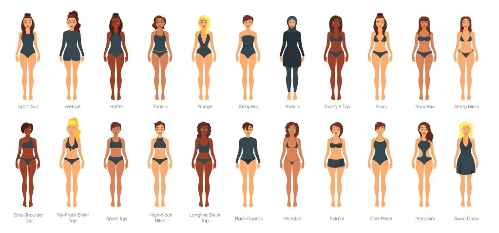 Different types of swimwear and beachwear