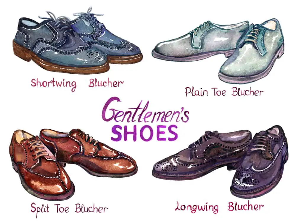 Modern gentlemen`s shoes collection shortwing blucher, plain toe blucher, split toe blucher and longwing blucher