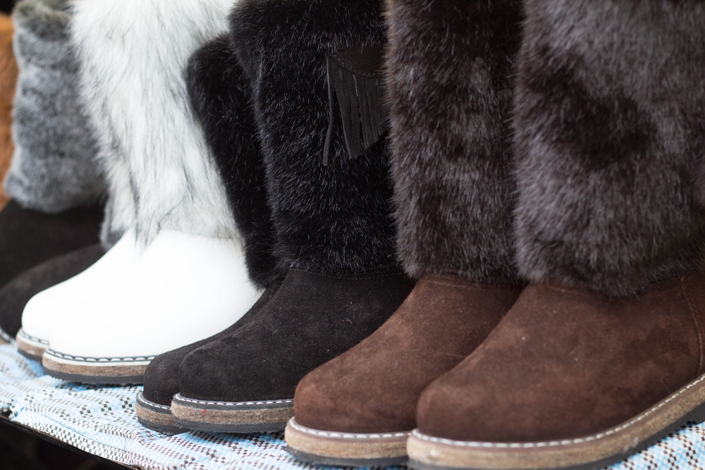 Mukluks, high fur boots white, black and brown color.