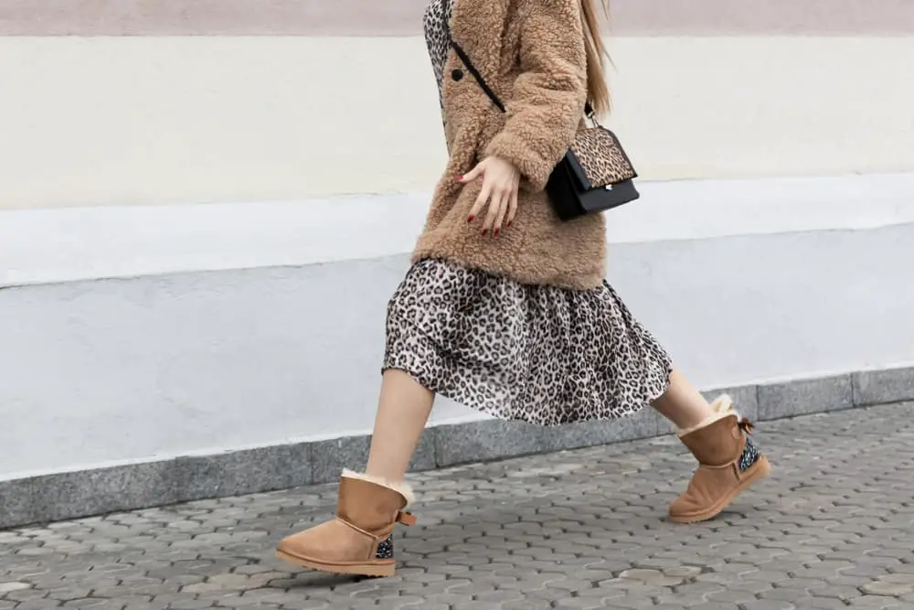 fur coat artificial fur, long dress leopard print, ugg boots, model girl