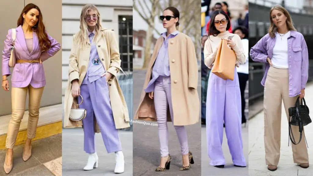 Beige and Violet Color Clothing Combinations