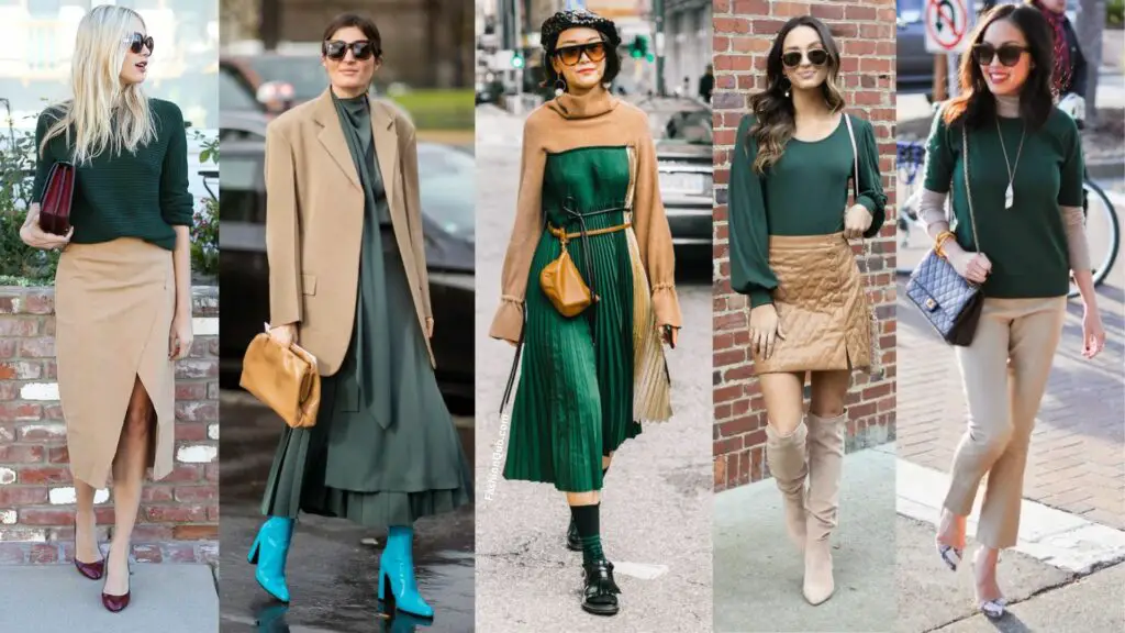Camel and Forest Green Color Clothing Combinations